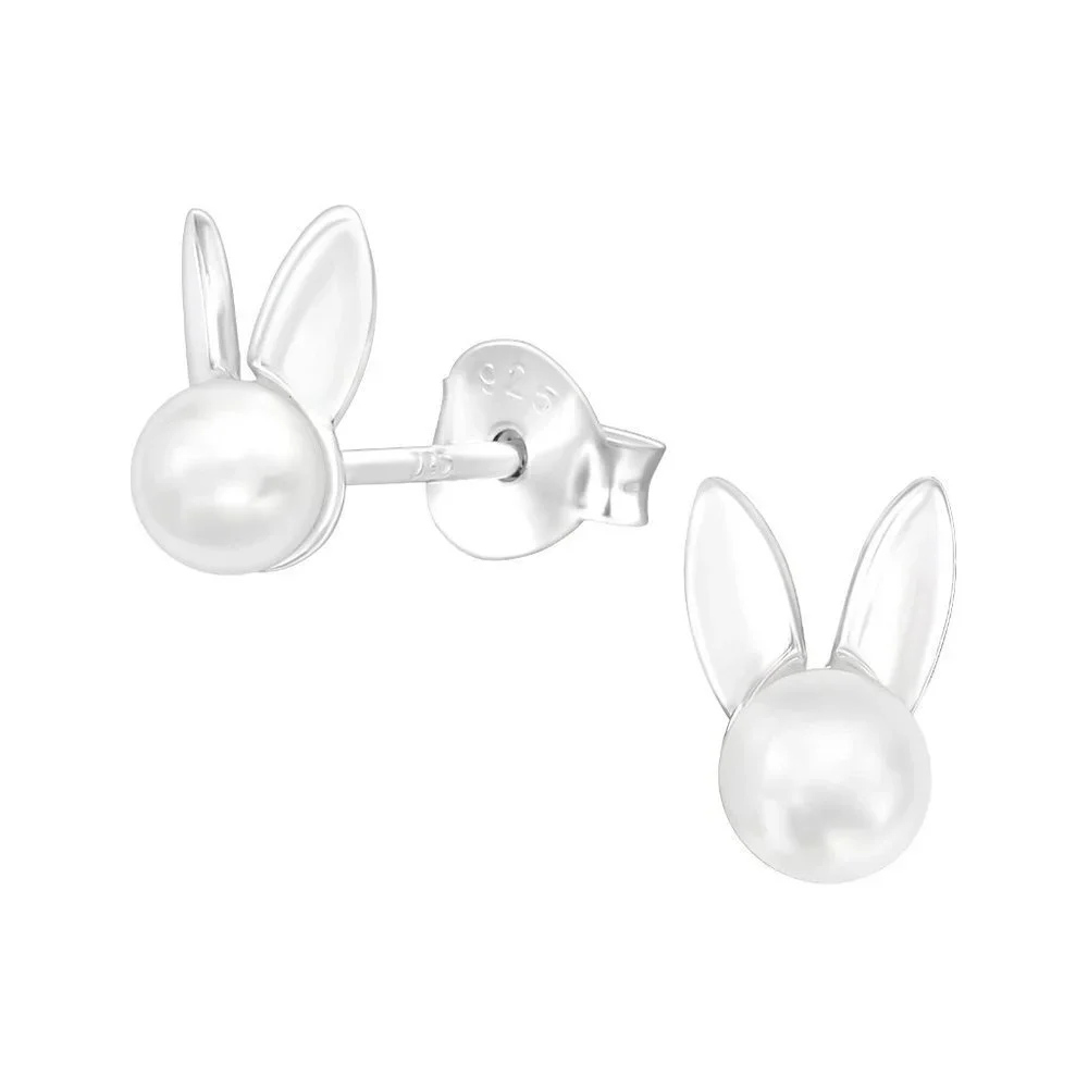 Sterling Silver Pearl Stud Bunny Ear Earrings